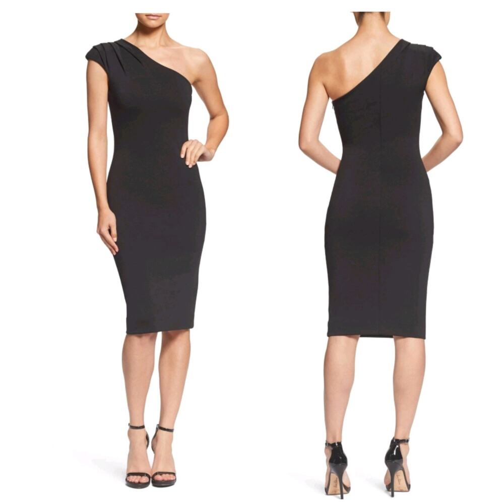 DRESS the POPULATION Quinn Black Ponte Knit One Shoulder Cocktail Size L = 8/10